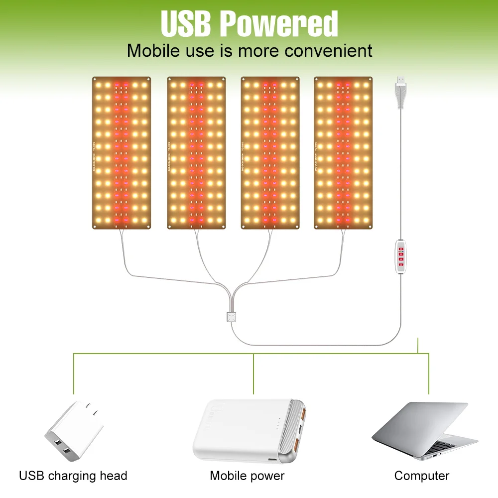 4ヘッドLED育成ライト フルスペクトル量子ボード植物ランプ USB 5V 室内栽培ボックス 鉢植えの花 多肉植物栽培用