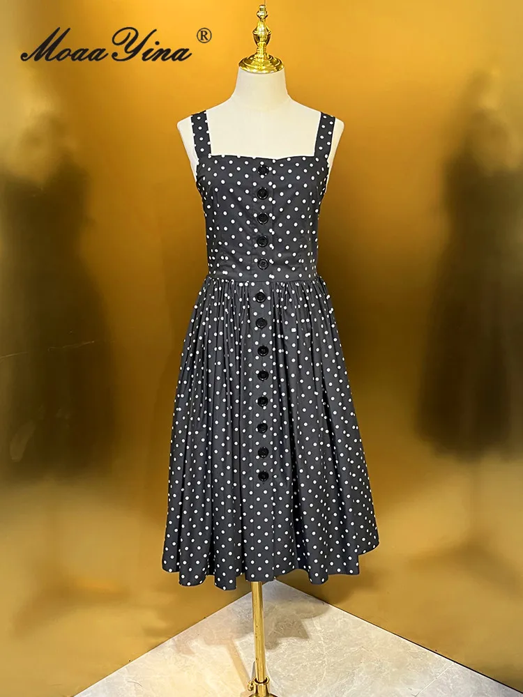 

MoaaYina Summer Fashion Designer High Quality Women Dress High Quality Cotton Polka Dot Print Button Spaghetti Strap Dresses