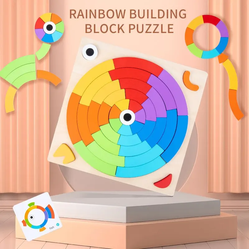 Kids Wooden Toy 3D Rainbow Block Jigsaw Puzzle Baby Educational Wood Toys for Children Fun Variety Matching Clever Board