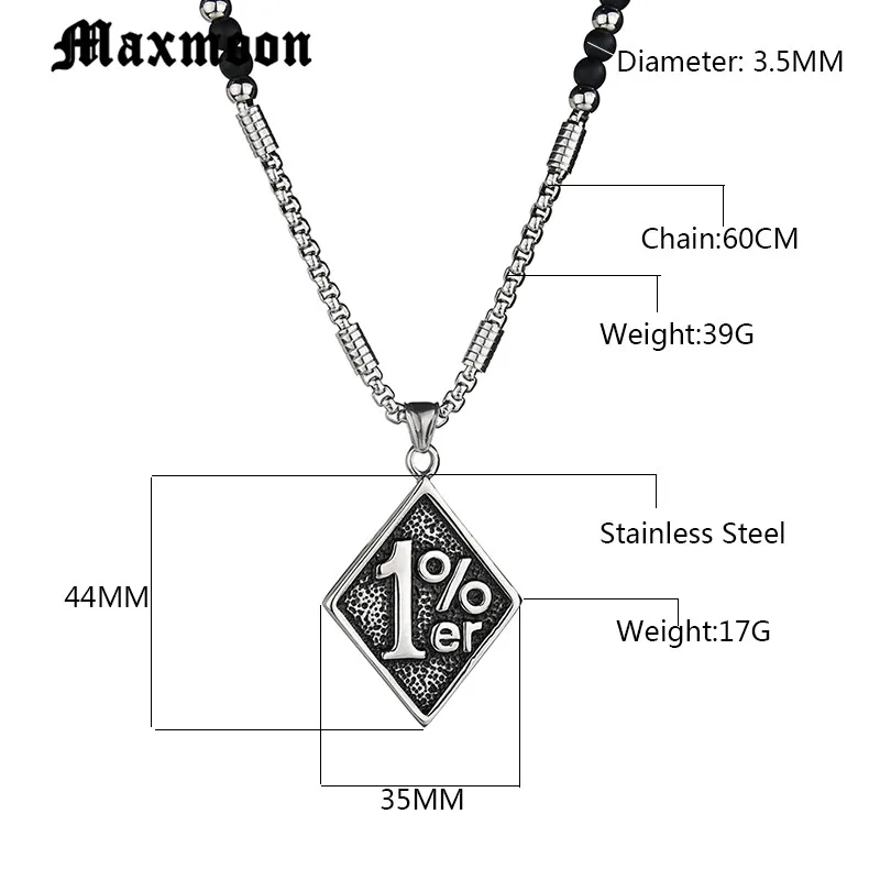 Maxmoon Silver Color 316L Stainless Steel Outlaw One Percent 1% ER Necklace With Beads Chain Motorcycle Biker Men\'s  Necklace