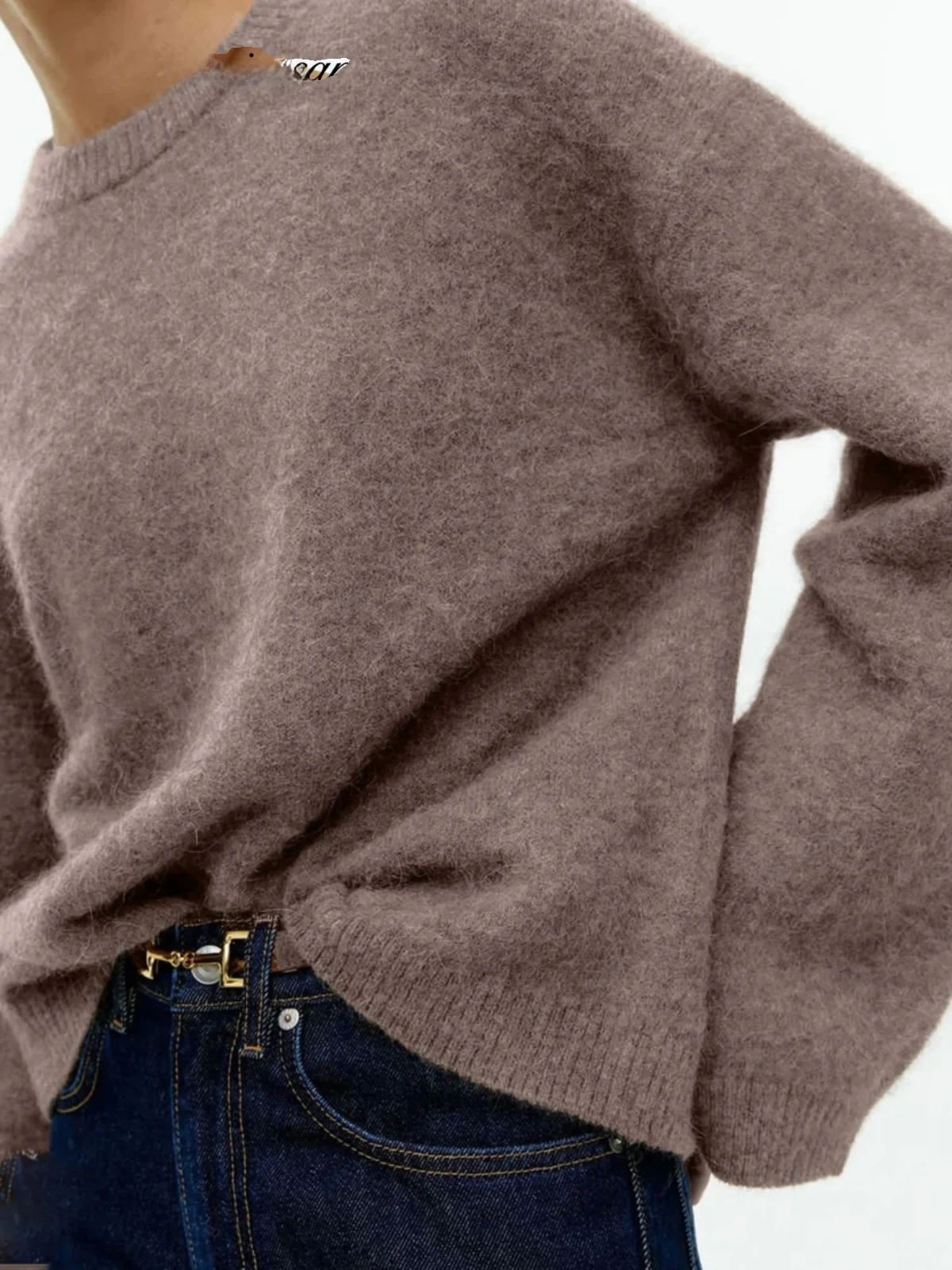 

Soft Lazy Sle женский однотонный свитер Street Faion свободного покроя длинный све круглый Ne обычный тонкий осенний сезон