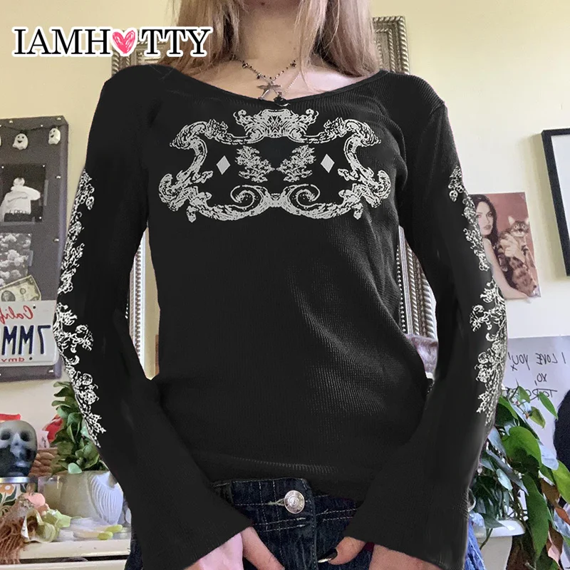 IAMHOTTY Vintage Graphic Print Top Black Casual Basic Slim-fitting T-shirt Long Sleeve Crew Neck Tees Grunge Style Streetwear