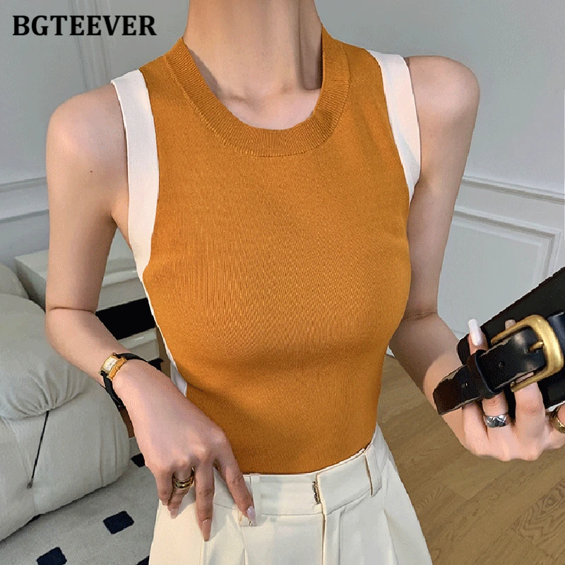 BGTEEVER Stylish O-neck Slim Women Patchwork Knitted Camisole Elegant Basic Skinny Pullovers Vests Female