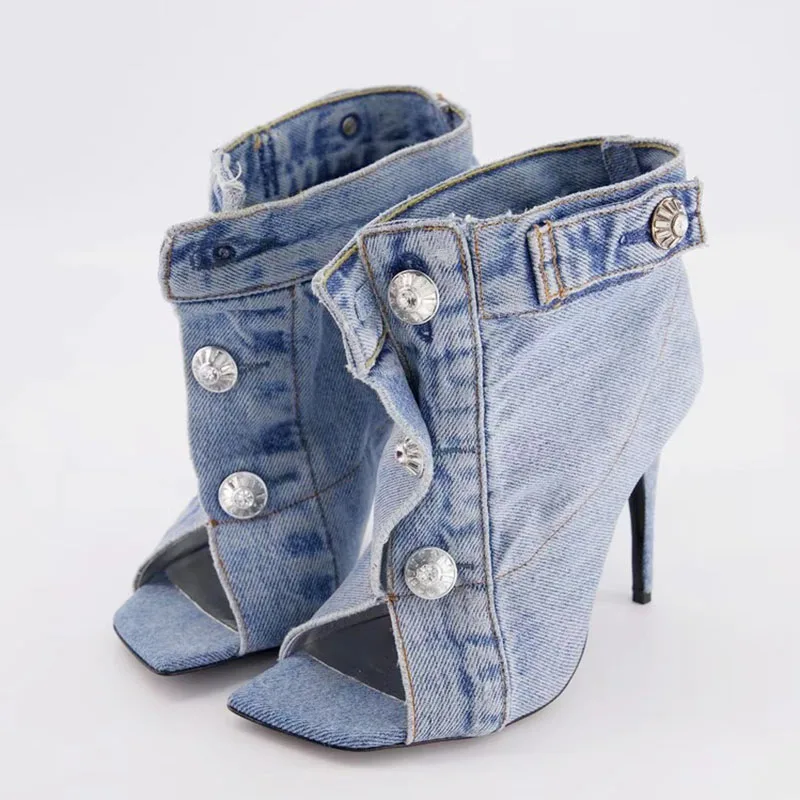 Summer Square Open Toe  High-Heeled Short Boots Denim Ankle Booty Women Stiletto Sandals Front Buckles Jeans Shoes