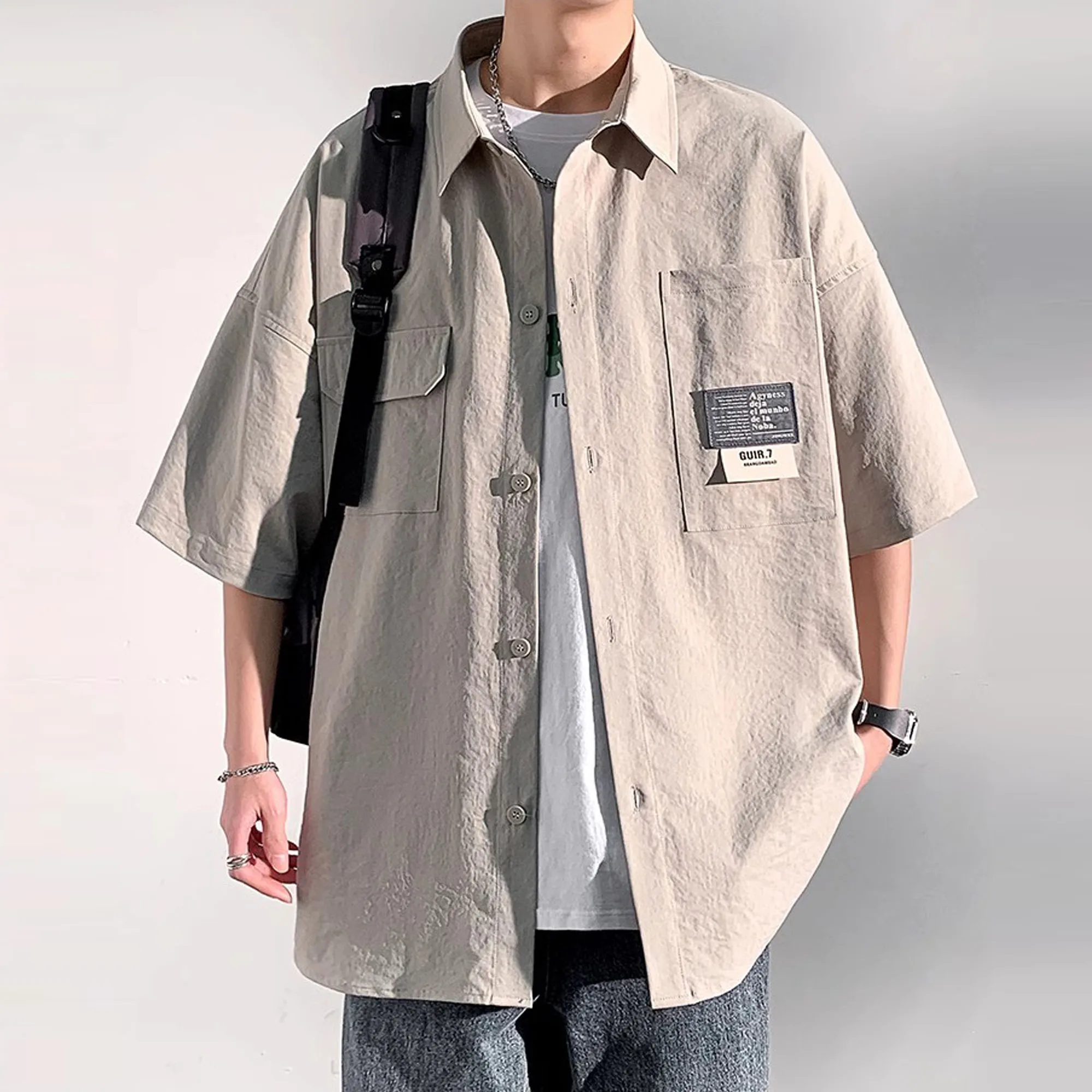 Summer Men\'s 5XL Oversized Short Sleeve Shirts Japanese Casual Lapel Blouses Tops High Street Multi-pocket Shirt Men Camisas