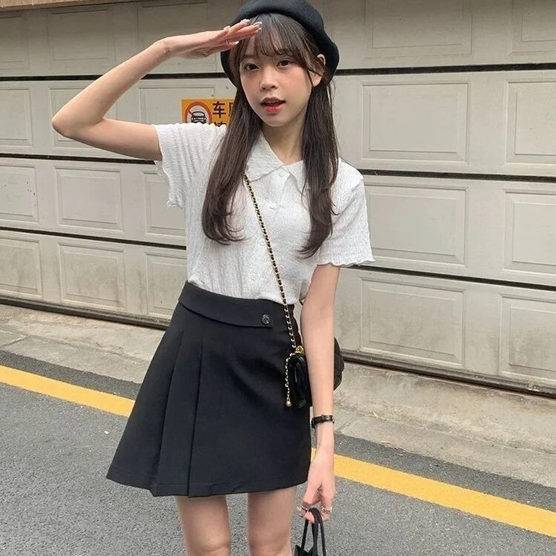 Shirts Women Cropped Folds Preppy Lovely Retro Basic All-match Ulzzang Elegant Summer Ins Chic Streewear Holiday Prevalent Mujer