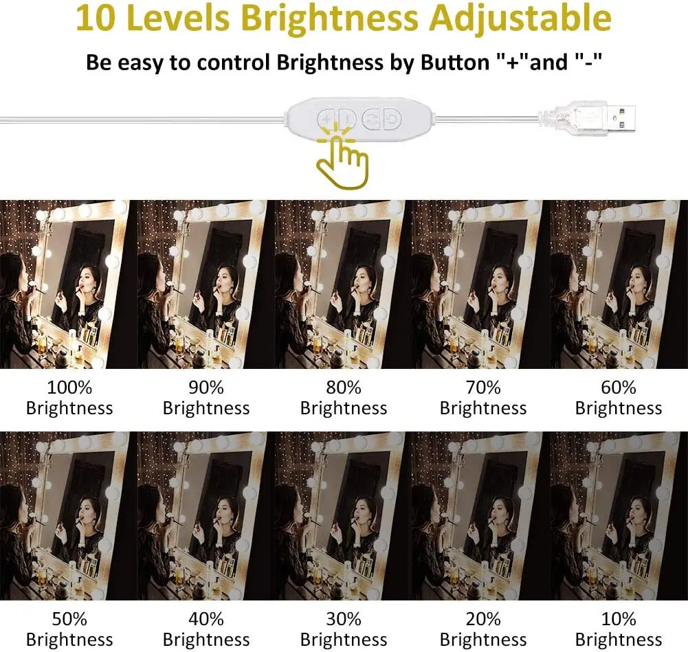 Vanity Mirror Lights Adjustable Color Brightness 10LED Light Bulbs Lighting Makeup Table Set Dressing Table Bathroom USB Light