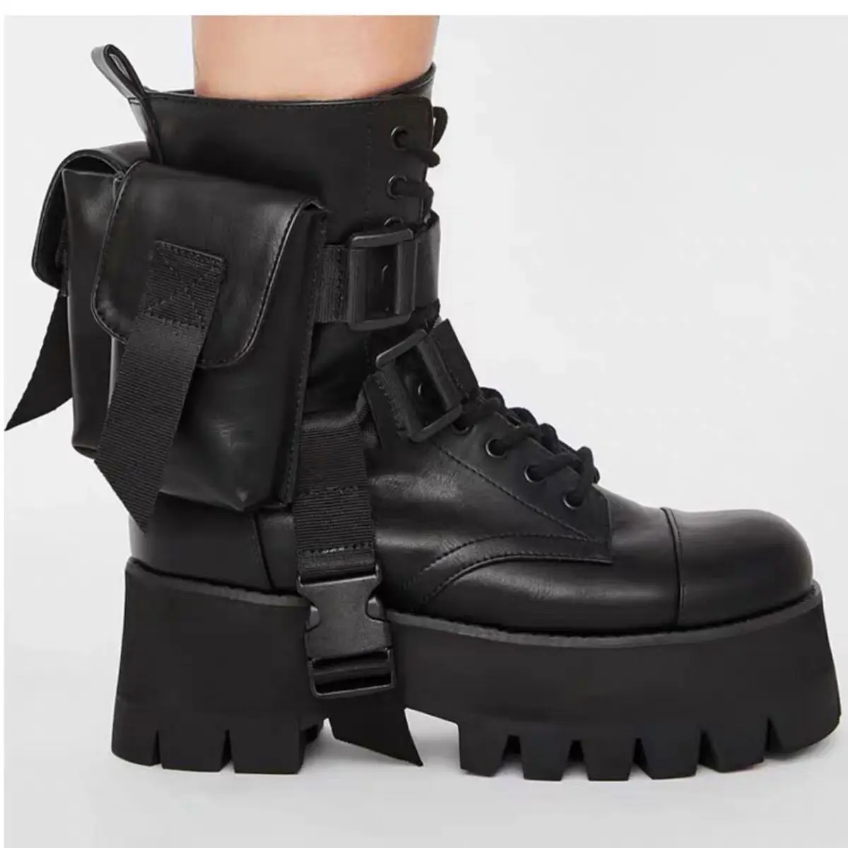 

Women's Black Leather Platform Ankle Boots Chunky Heel Multiple Buckle Straps Boots Functional Pocket Detail Edgy Punk Footwear