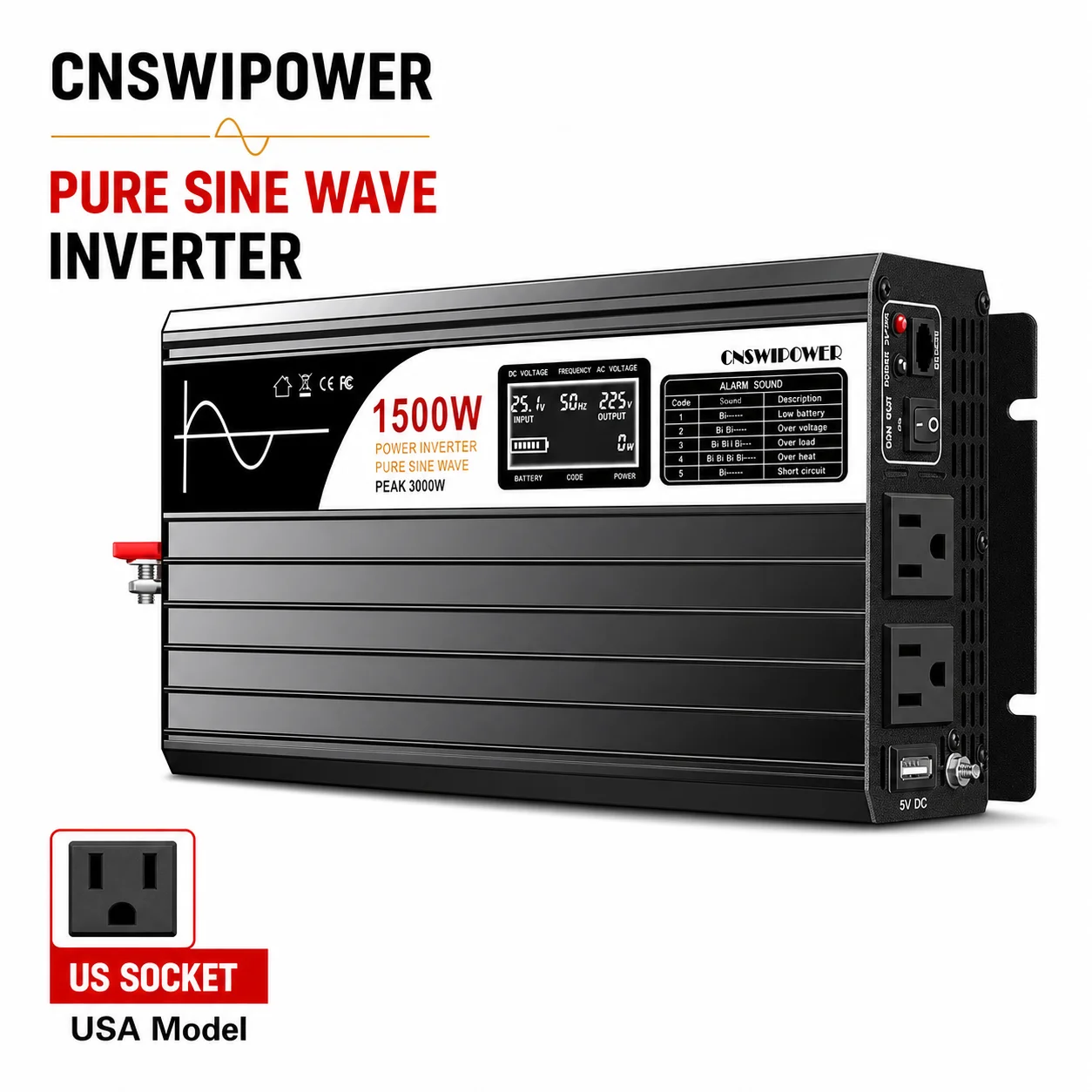 1500W Pure Sine Wave Solar Power Inverter, DC 12V/24V/48V to AC 110V/220V, US Socket for Home, Outdoor, Camping and Emerg