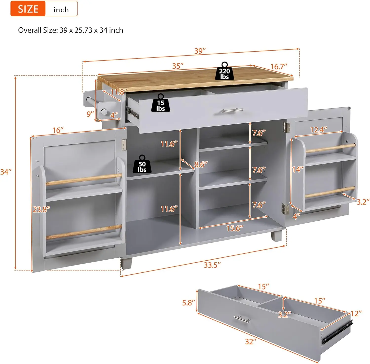 LUMISOL Small Kitchen Island with Rubber Wood Drop Leaf Countertop, Rolling Kitchen Cart with Internal Storage Rack, Spacious