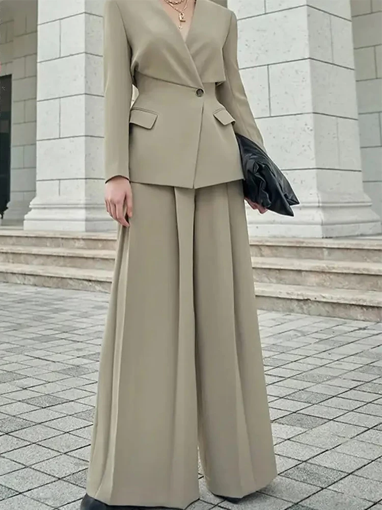 TWOTWINSTYLE Solid Elegant Two Piece Sets For Women V Neck Long Sleeve Tunic Coat High Waist Wide Leg Pants Elegant Set Female