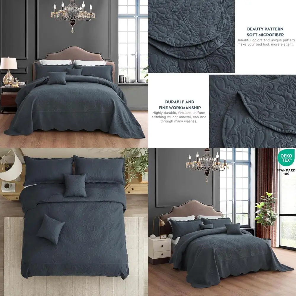 

Extra Wide 128x120 Oversized King Bedspread, Lightweight Ultrasonic Cover, Paisley Design, Reversible 5-Piece Set, 100% Microfib