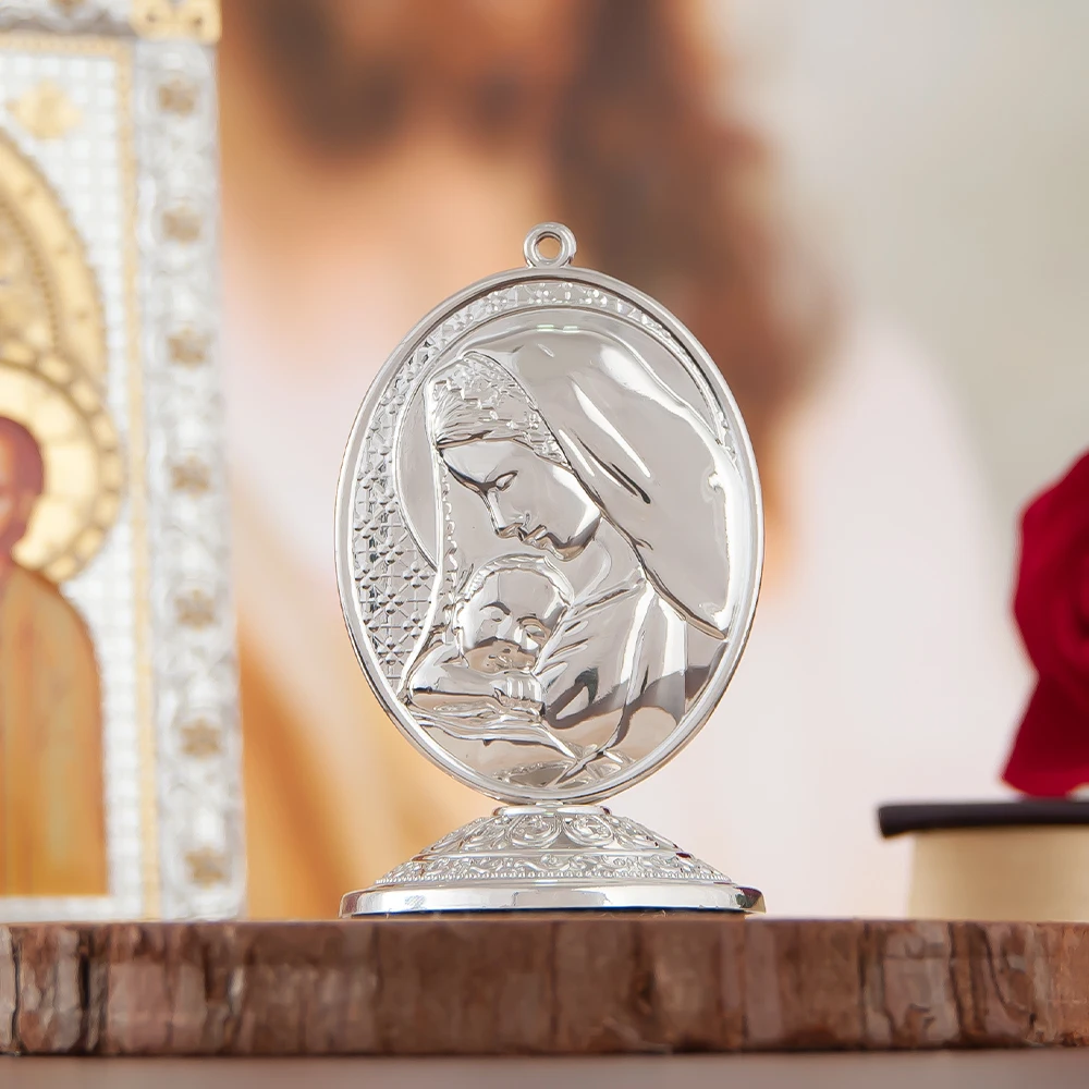 Gorąca sprzedaż Srebrny kolor Katolicka statuetka Maryja Religia Prezent do dekoracji wnętrz Modlitwa Kościół Religia Rytuał Akcesorium