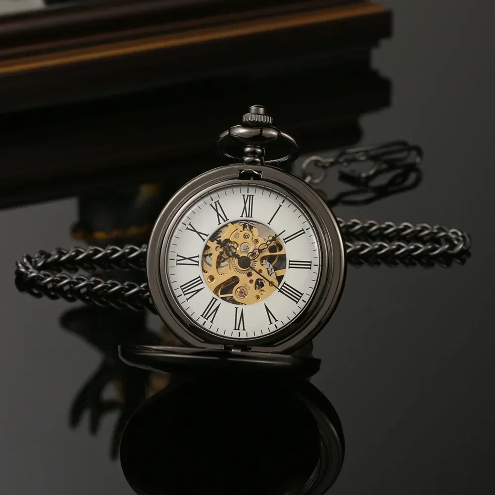 New Hand Wind Mechanical Men Pocket Watch Skeleton Dial Steampunk Necklace Pendant Vintage Fob Watches for Weeding Gift with Box