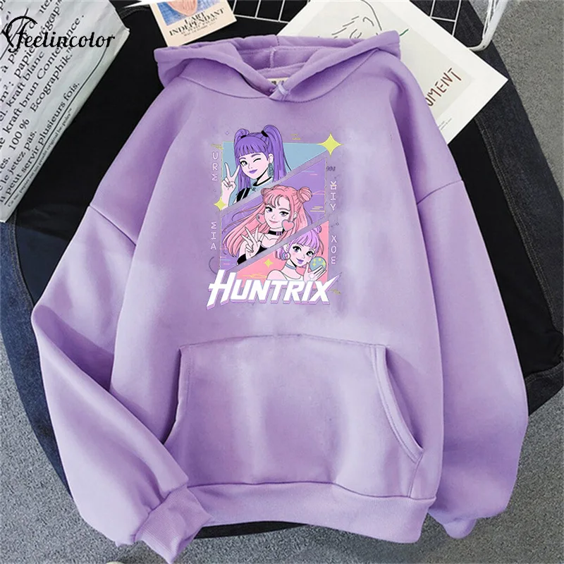 Kpop Demon Hunters Pattern Hoodie Oversized Loose Lavender Huntrix Pullover Casual Fashion Streetwear Harajuku Unisex Clothing