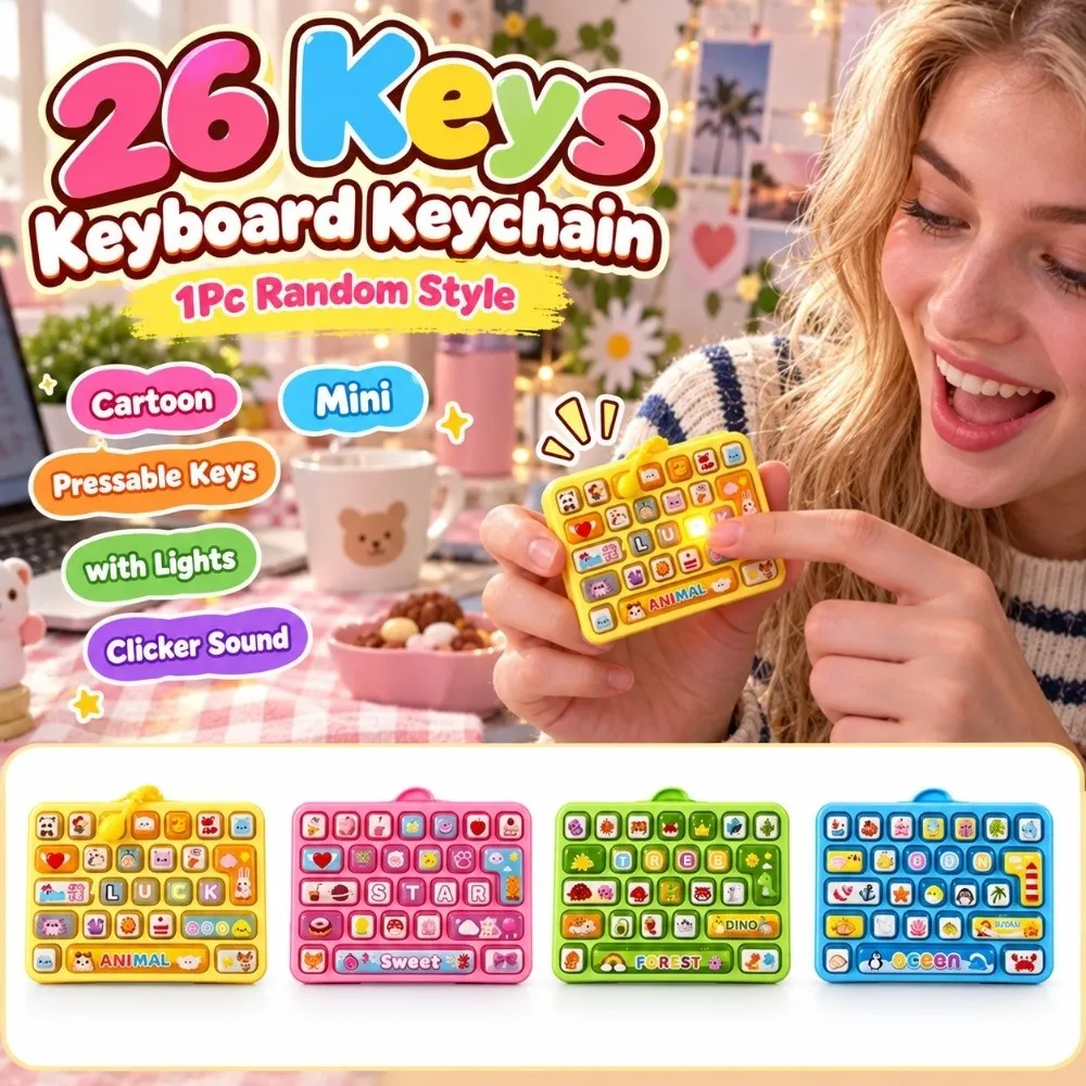 Cartoon 26 Keys Keyboard Keychain Mini Animals Keyboard Clicker Keychain Relaxed with Lights Sensory Clicker Bag Ornaments