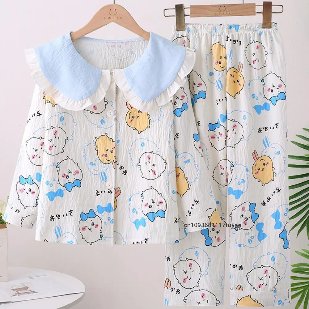 

Autumn Anime Chiikawa Children's Pajamas Sets Kids Hachiware Doll Collar Cardigan Long Sleeves Sleepwear Girls Boys Homewear Set