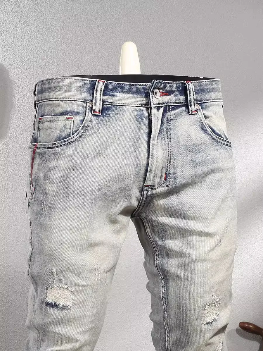 Fashion Designer Men Jeans High Quality Retro Washed Light Blue Elastic Slim Fit Ripped Jeans Men Vintage Denim Pants Hombre