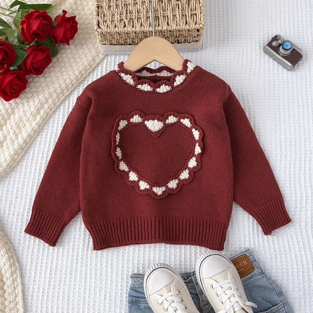 

Girls Sweater Lace Decoration Heart Long Sleeved Knitted Top Christmas Party Girls Red Clothes Daily Children's Clothing