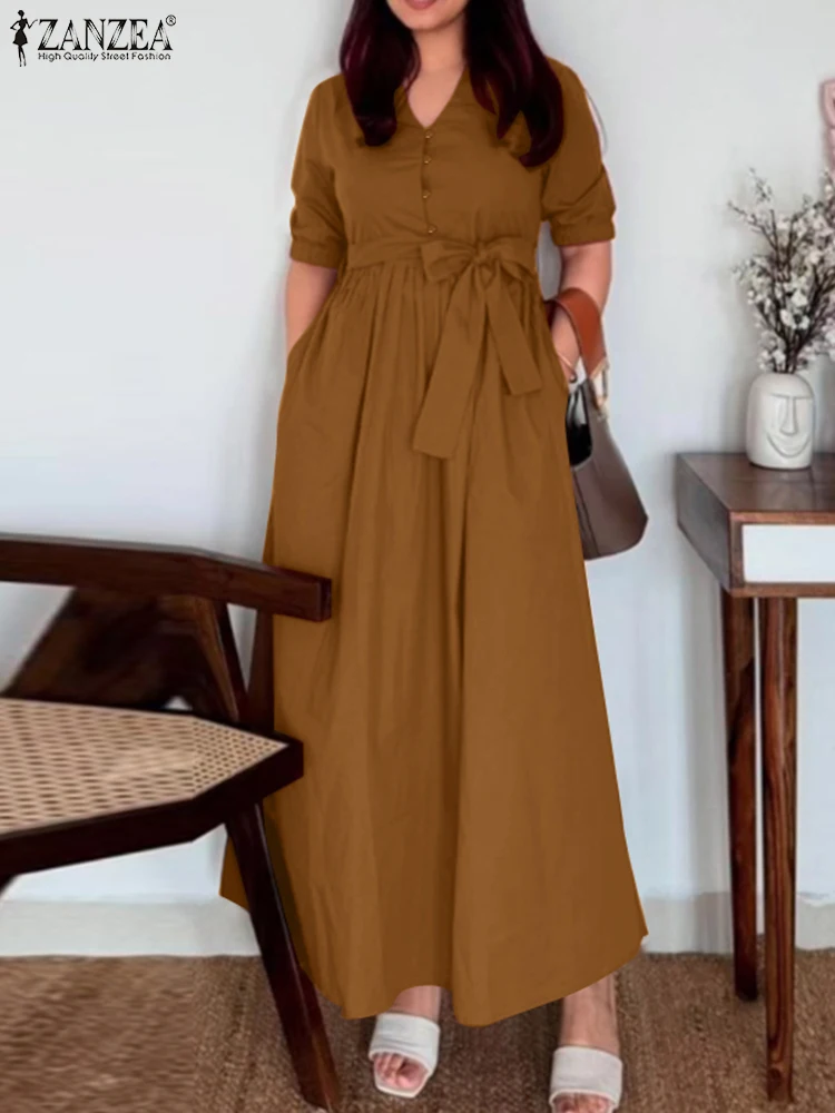 

ZANZEA Fashion Summer Dress Solid Maxi Long Vestidos Women Elegant Short Sleeve Work OL Sundress Casual V Neck Holiday Robe 2025