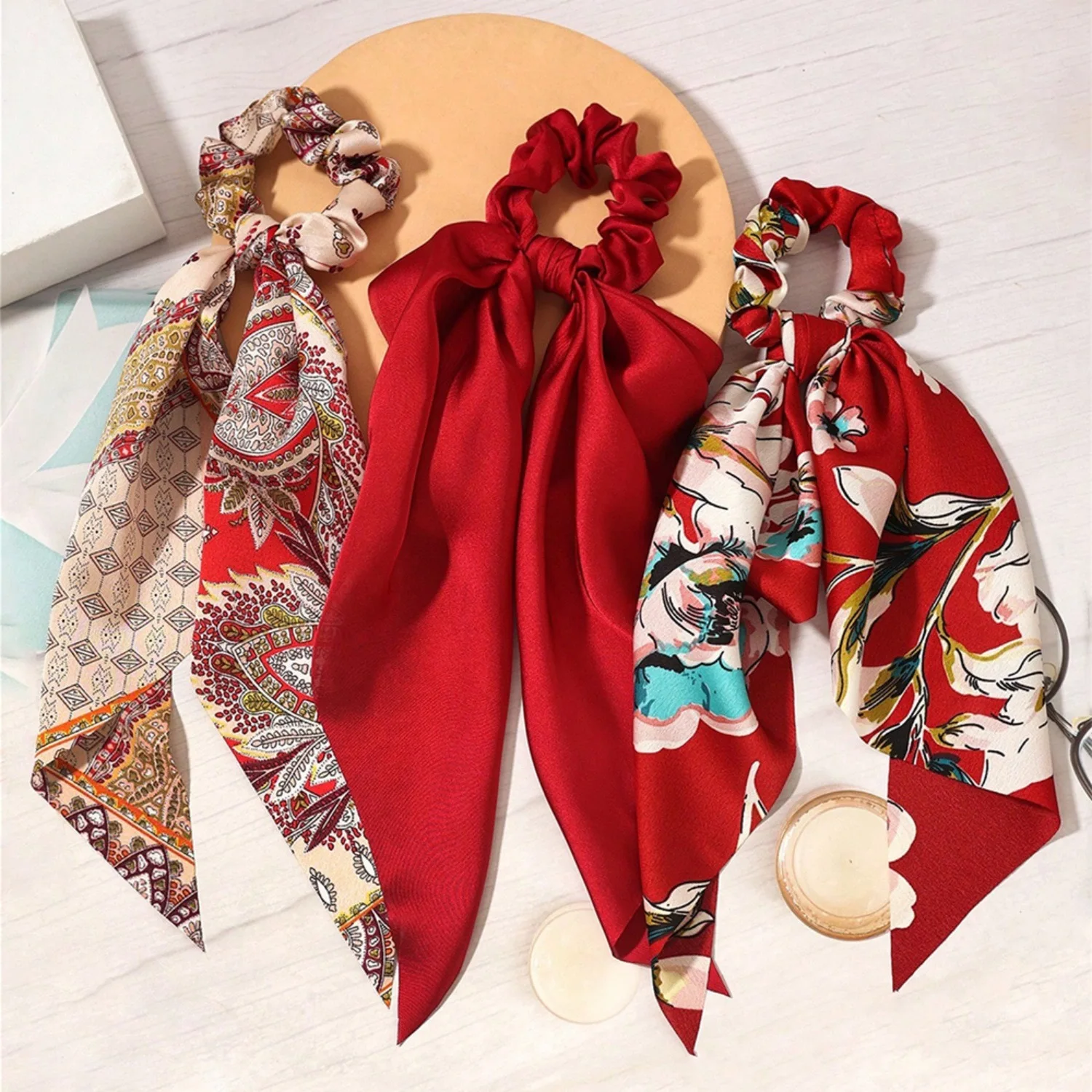 3 Stück Haargummi aus Satin mit Schleife und langem Band, glattes Schal-Haargummi, Haarband für Frauen, Pferdeschwanz-Haar-Accessoire