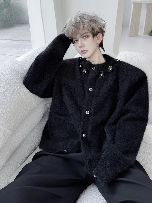 

TANGZ Studio Men's Knitted Cardigan with oulder Pads Silver Sequin Flower Design Mink Fur Winter Warm Casual Faion Top