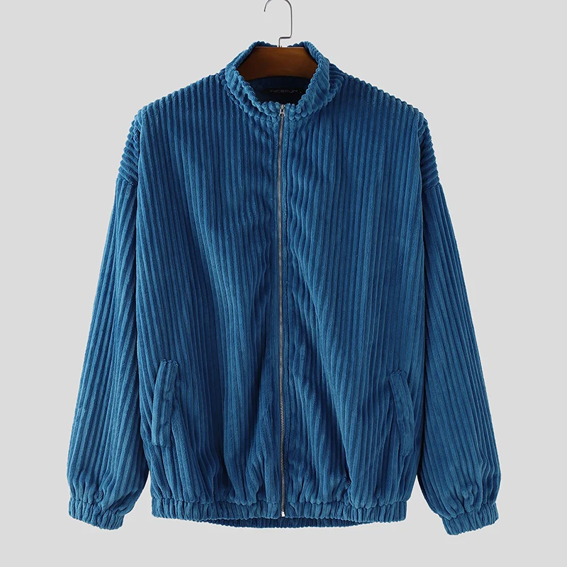 

INCERUN мужские куртки однотонные вельветовые мужские пальто с воротником-стойкой и длинными рукавами уличная одежда на молнии свободная модная повседневная верхняя одежда