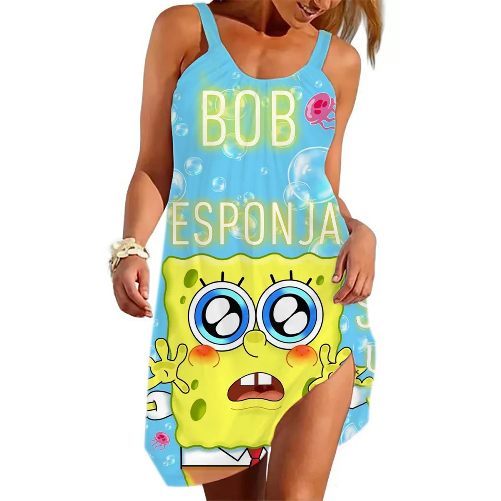 Nieuwste Spongebob Beach Sling Cartoon Damesjurk Mode Comfortabele Casual Jurk 2024 Zomer Outdoor Schattige Damesjurk