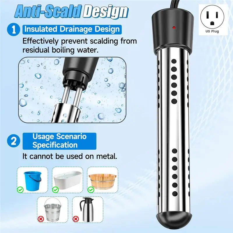 M04K Water Heater, 1500W Electric Heater In 304 Stainless Steel For Pool Tub Buckets Motorhome Camping Outdoor Us Plug