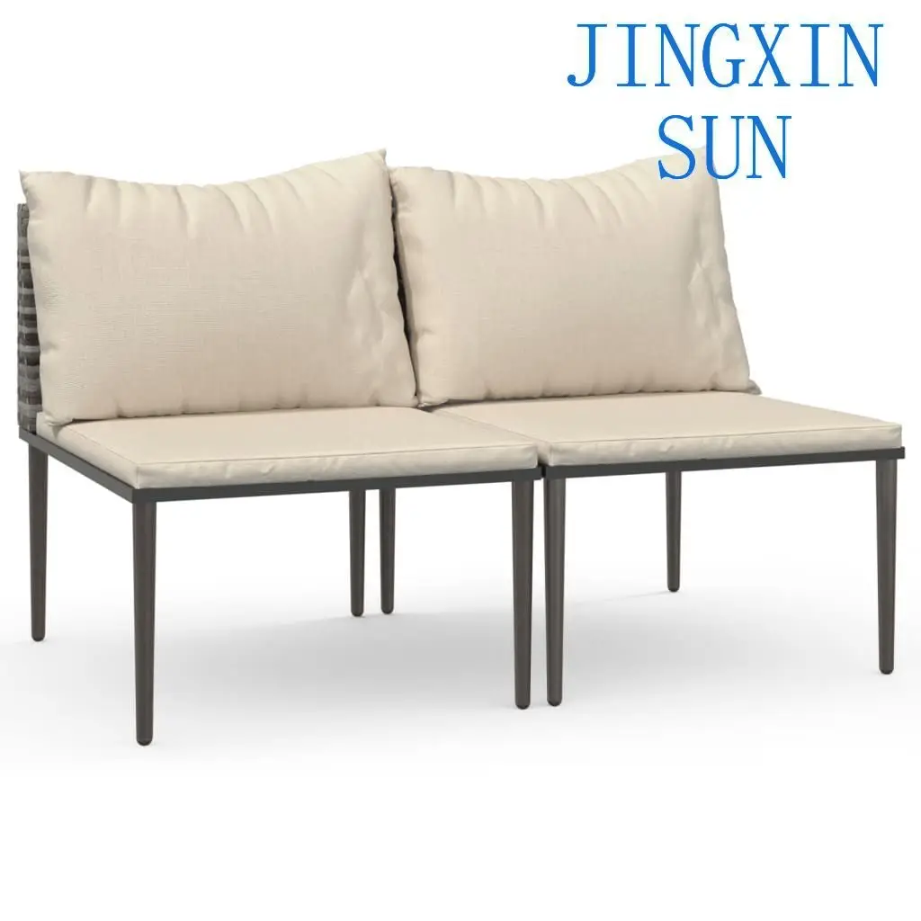 2-Piece Gray Poly Rattan Patio Middle Sofas Garden Furniture With Cushions