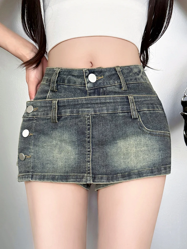 American Style Summer Beach Sexy Micro Short Mini Skorts Women 2025 New High Waist Buttons Skirts Y2K Casual Hot Girls Skirts
