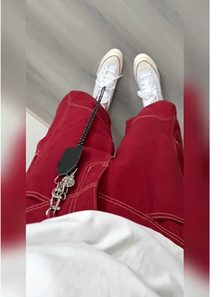 

2000s Y2k Vintage Streetwear Short Jeans Burgundy Calf Jeans for Women High Waisted Wide Leg Baggy Cargo Denim Shorts