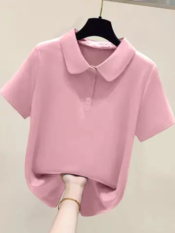 여성용 퓨어 코튼 반소매 폴로 셔츠 루즈핏 턴 다운 칼라 티셔츠 세련된 여름 뉴 플러스 사이즈 슬리밍 탑