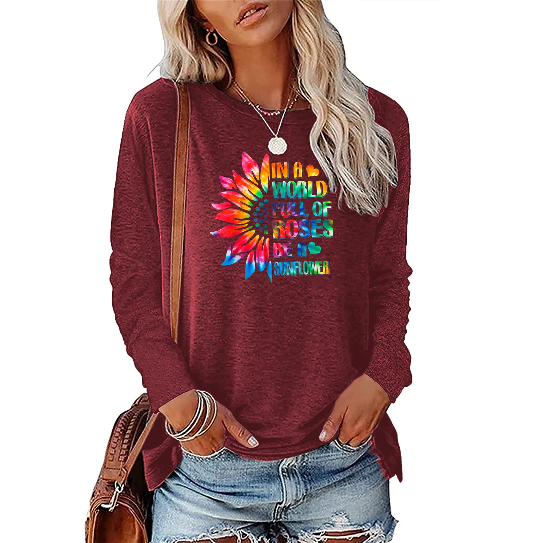 Interesting Retro Half Sunflower Letter Printed T-shirt Women\'s Gift Long Sleeve