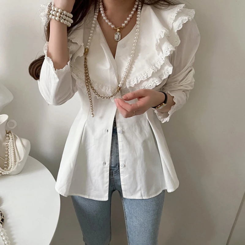 

Элегантные белые рубашки, женская модная уличная одежда, кружевные лоскутные блузки с оборками, офисные женские корейские дизайнерские топы с длинными рукавами