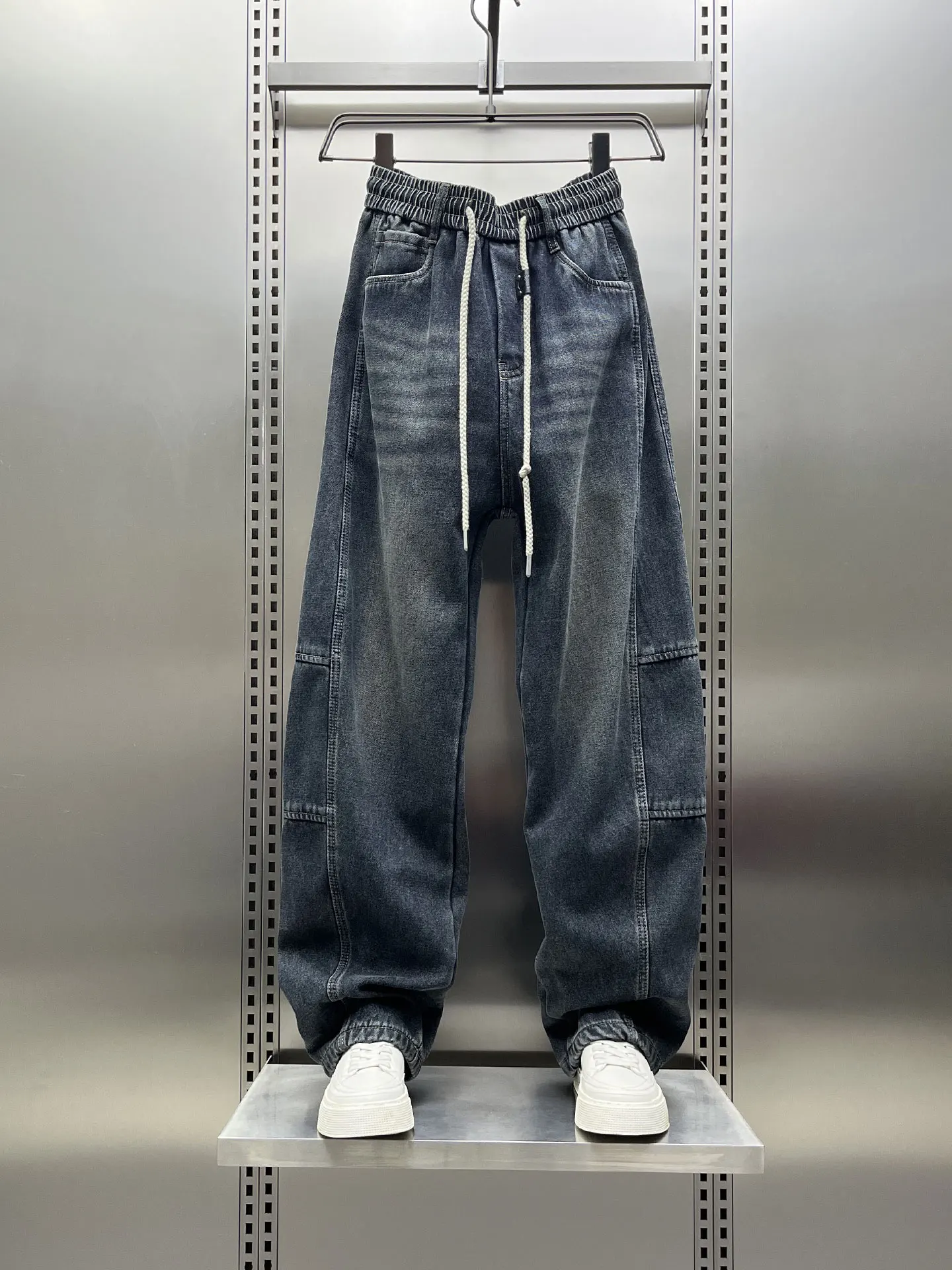 

Мужские джинсы в стиле ретро синего цвета на флисовой подкладке, широкие брюки в американском стиле, свободные прямые брюки с эластичным поясом, длинные штаны