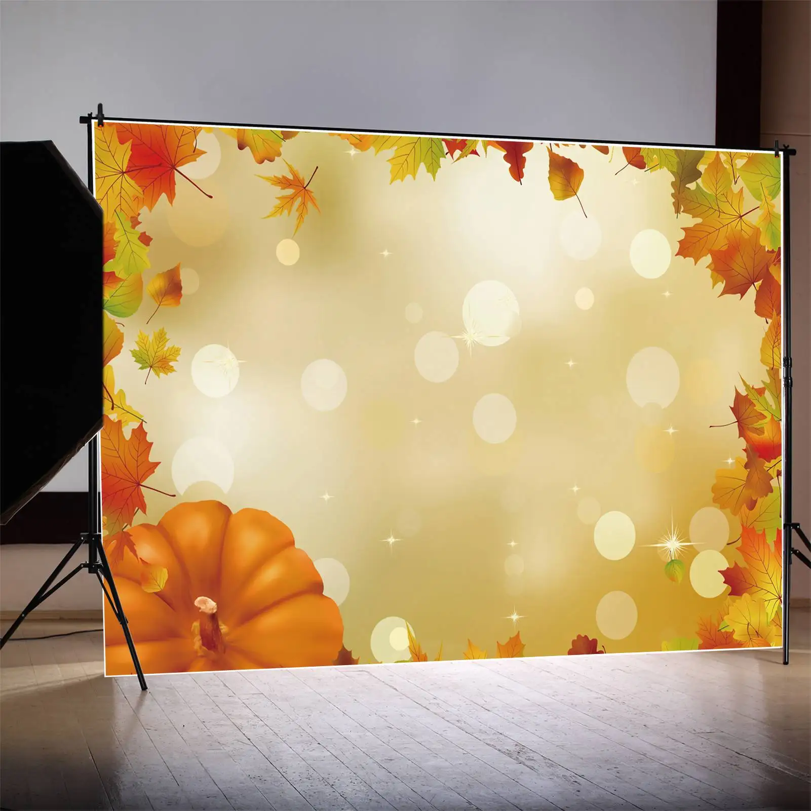 Moon.qg-カスタムメイドのメープルの葉の背景、秋のパーティーフレームの小道具、写真ブースの背景、カボチャのライトスポットの装飾