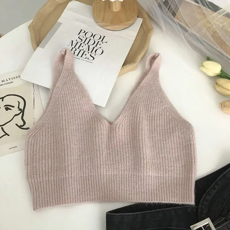 Tanks Women Crop Tops Knitting All-match Spring Solid Simple V-neck Ulzzang Casual Fashion Hotsweet Slim Cozy Female Sleeveless