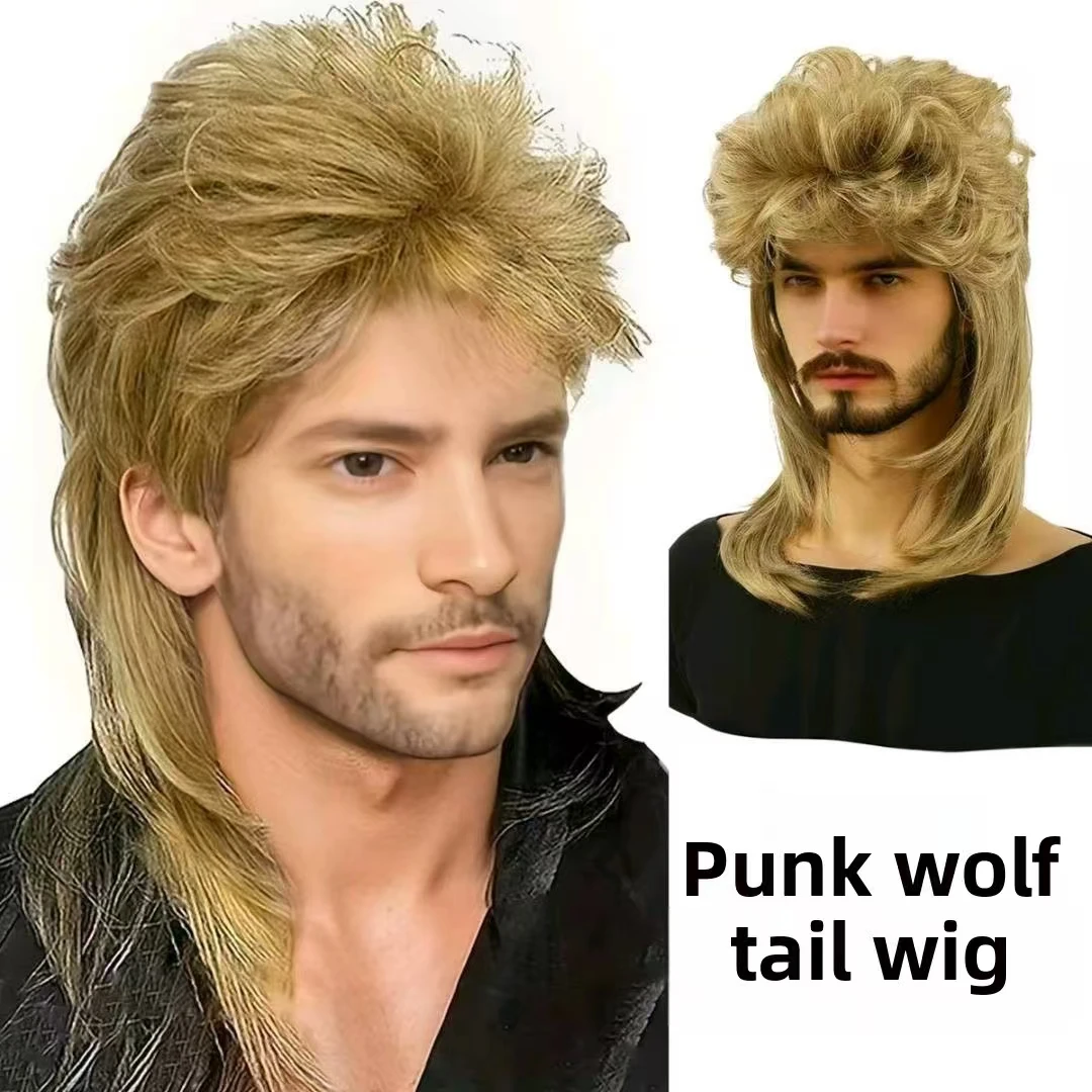 Men's 80s Punk Rock Wigs 20 Inches Synthetic Heat Resistant Fiber Natural Wavy Wig for Men Halloween Party and Band Costumes