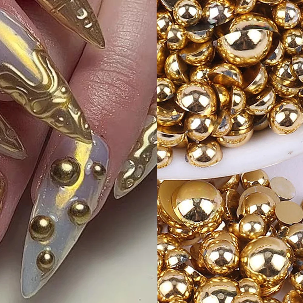 200pcs Gold Flatback Beads Nail Art Charm 3D Luxury Gold Beads Ball Nail Rhinestones DIY Gold Mixed Size Beads Nail Accessories