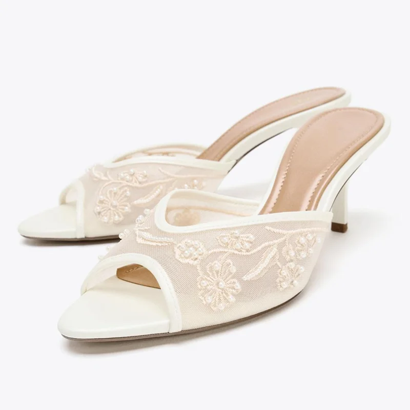 

Mesh Pearl Embellished Flowers Slippers Women Sexy Peep Toe Slide Sandals Elegant Heeled Sandals for Ladies Designer Mule Shoes