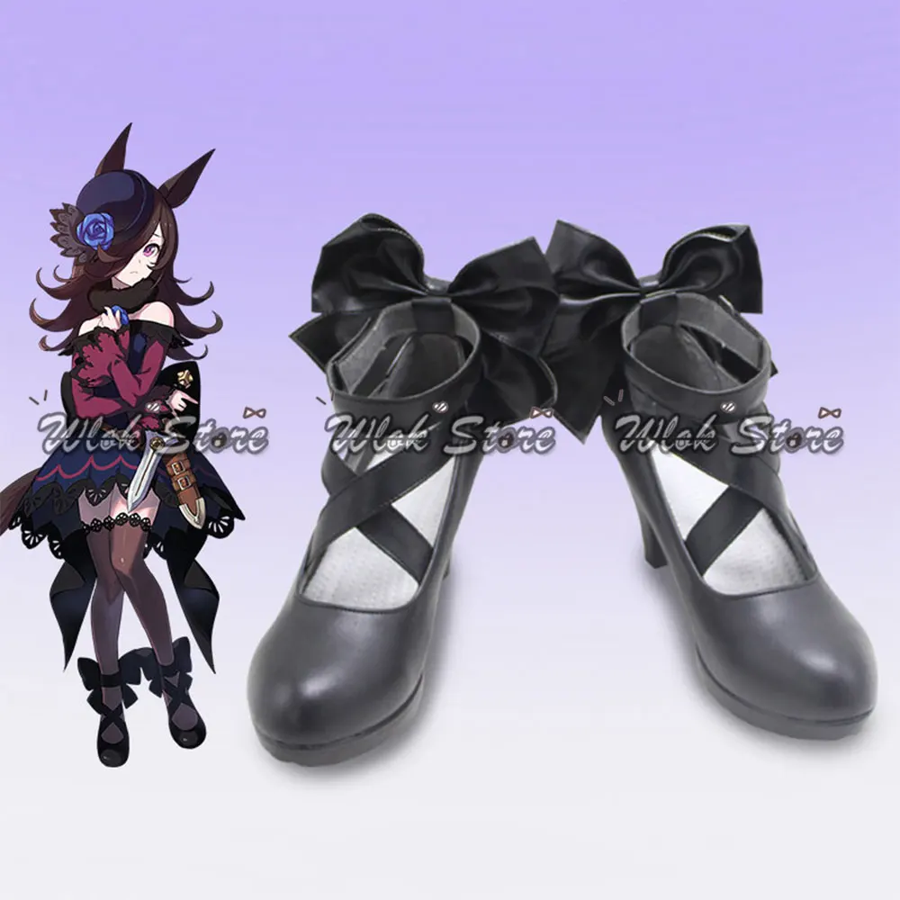 Umamusume جميلة ديربي الأرز دش تأثيري أحذية Bowknot الكعوب السوداء هالوين حفلة كرنفال لعب الأدوار أحذية النساء حجم مخصص