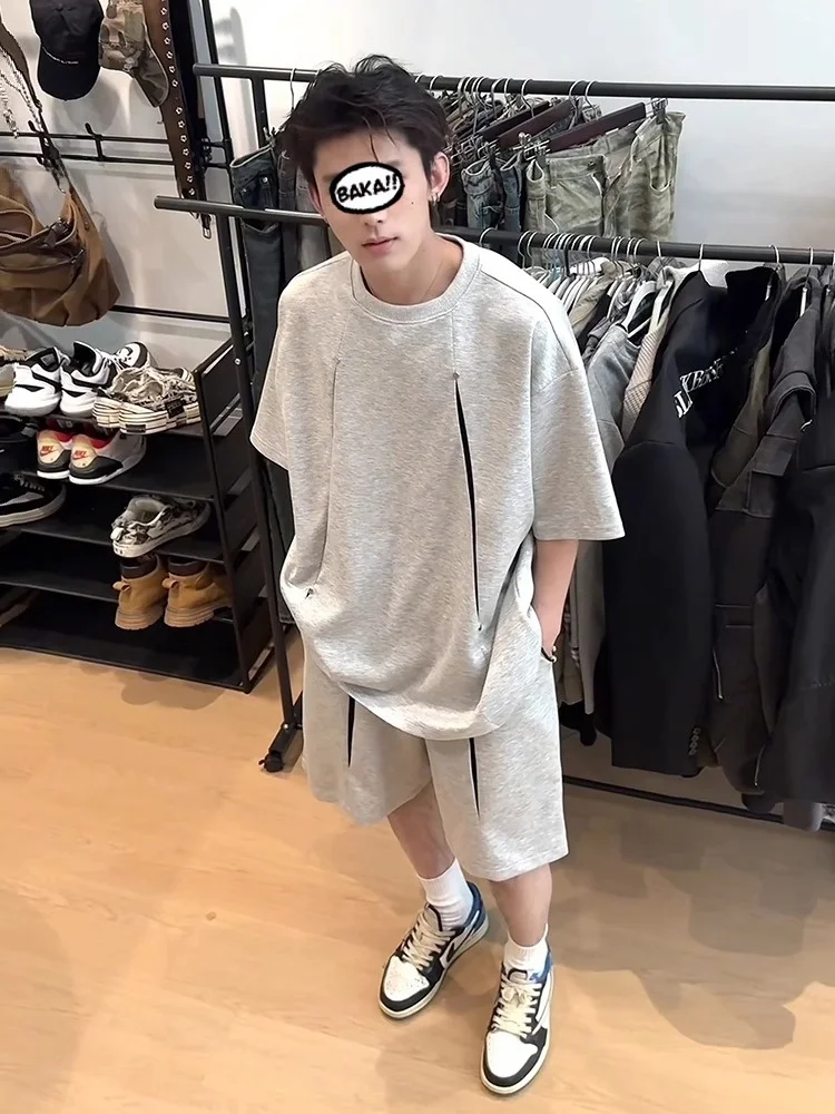 American Style Grey Heavy Duty Hammered Short Sleeve T-Shirt And Basketball Uniform Set for Men Summer Sports Shorts Set