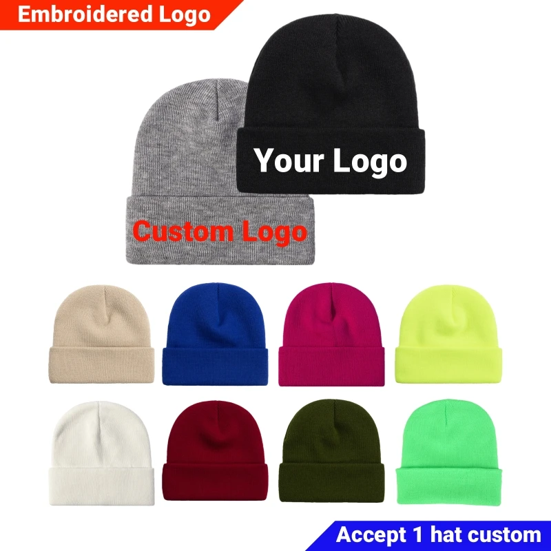 Custom Logo Beanie Hat Embroidery Knitted Caps Women Men Skull Cap Autumn Winter Elastic Skullies Personality Design Beanies Cap