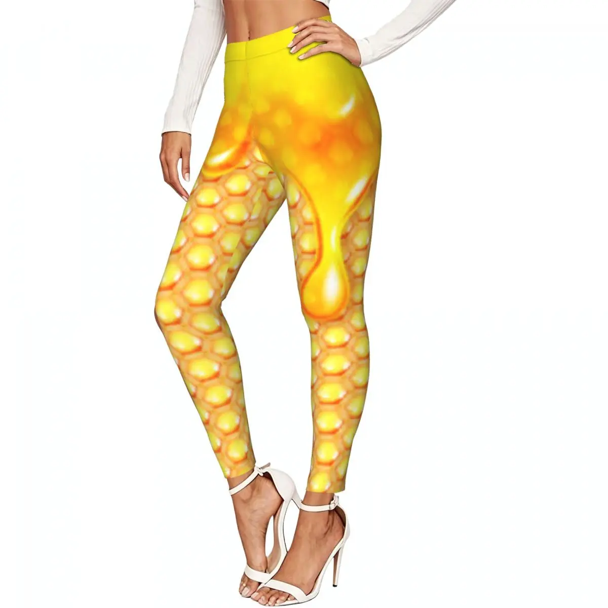 Casual Ladies Slim Leggings Honey Dripping Honeycombs Elastic High Waist Sports Daily Wear Trousers
