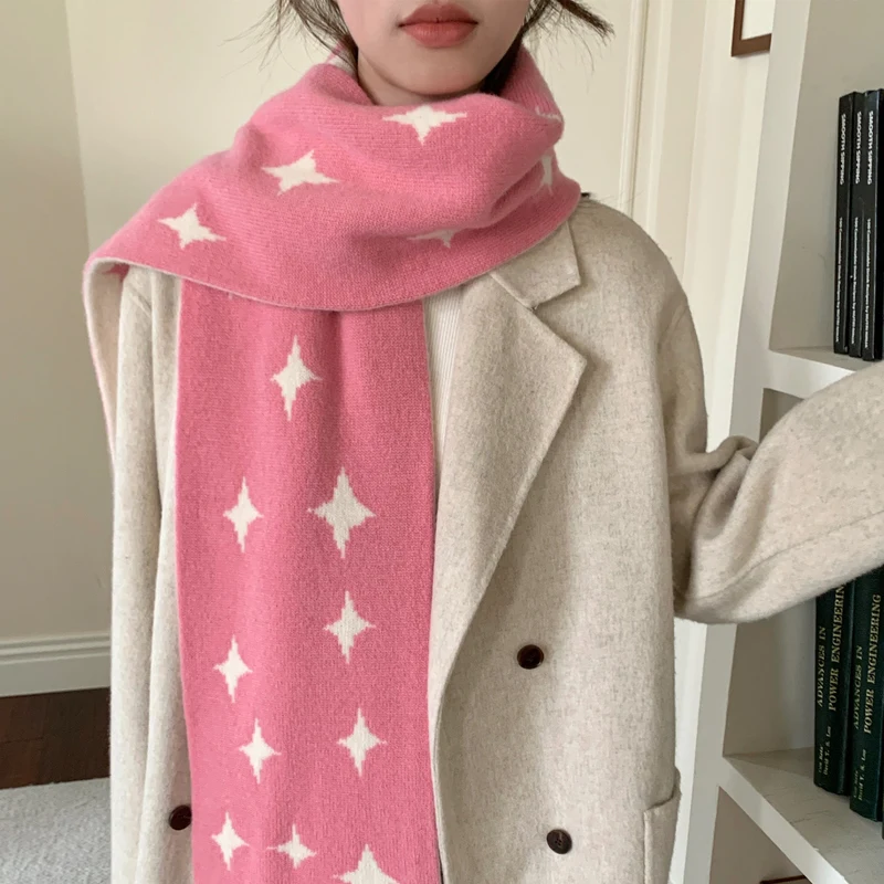 

Women Scarf Winter Warm Thicken Star Pattern Neckerchief 100% Australia Wool Lady Wrap Windproof Scarves 20*180cm