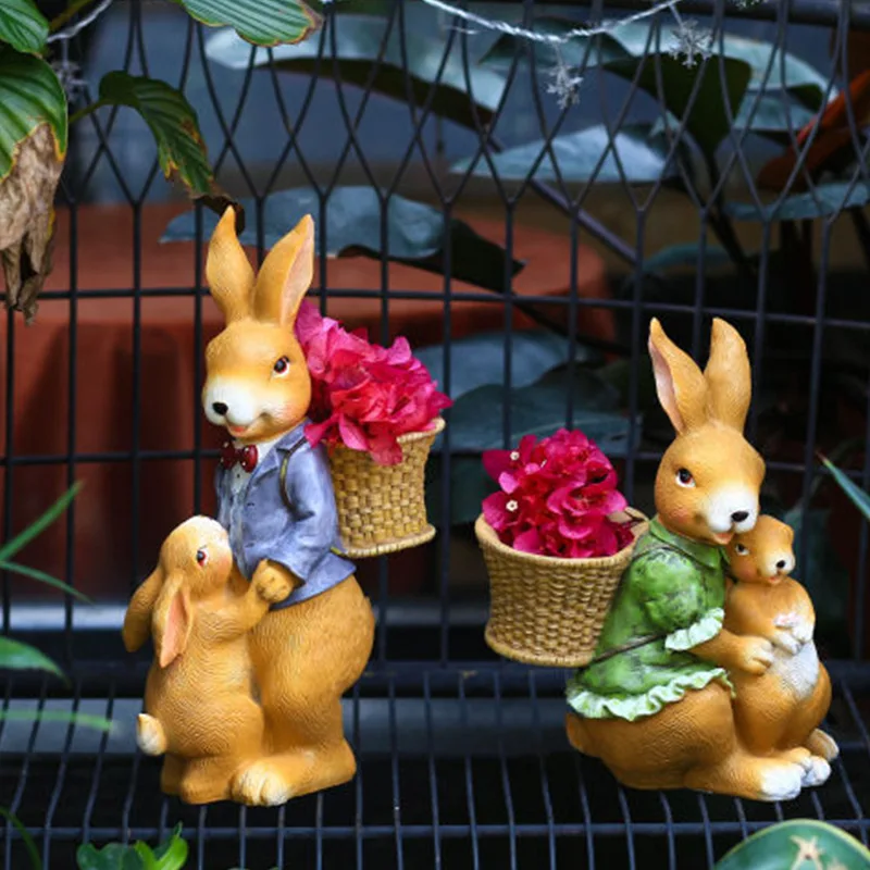 Creative Resin Rabbit Statue Simulation Bunny Family Flowerpot Craft Ornaments Yard Garden Outdoor Sculpture Easter Decorations