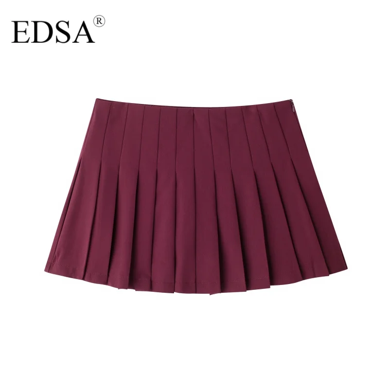 EDSA Women Box Pleat Shorts Skirt Mid-waist Invisible Side Zip Solid Color Casual Female Shorts