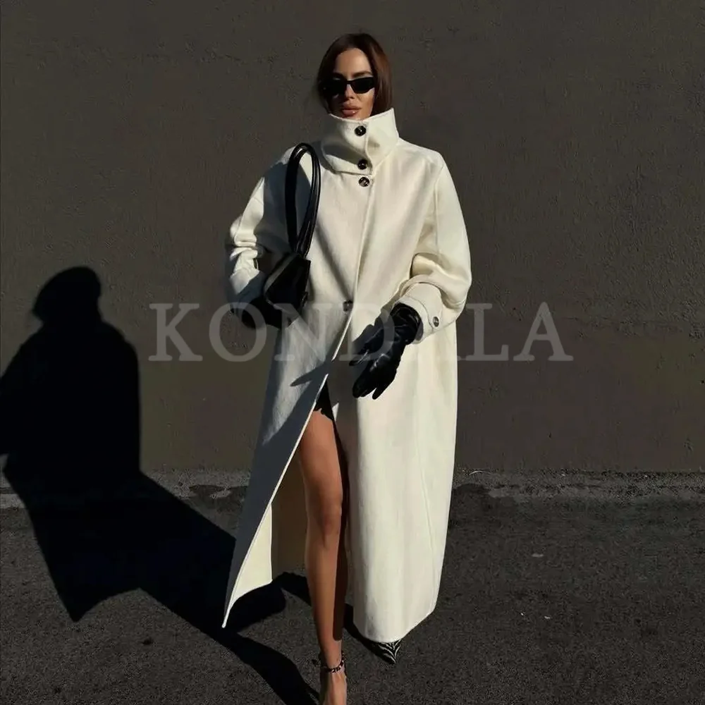 

KONDALA 2026 Fall Winter Elegant White Women Long Coats Fashion Casual Button Turtleneck Straight Thick Ladies Long Coats
