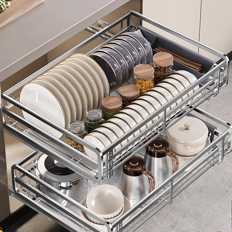 

Kitchen Cabinet 304 Stainless Steel Double Drawer Bowl Rack Storage Storage Seasoning Basket